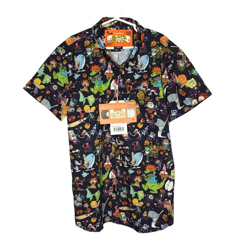 RSVLTS Spooky Nickelodeon Mashup Cartoon Button Up Boys Shirt Size Large New